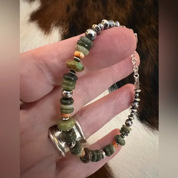 ❤️ 925 Desert Pearl Saucers Cerrillos Turquoise Moss Agate Spiny Bracelet 7+.75” - Picture 11 of 15